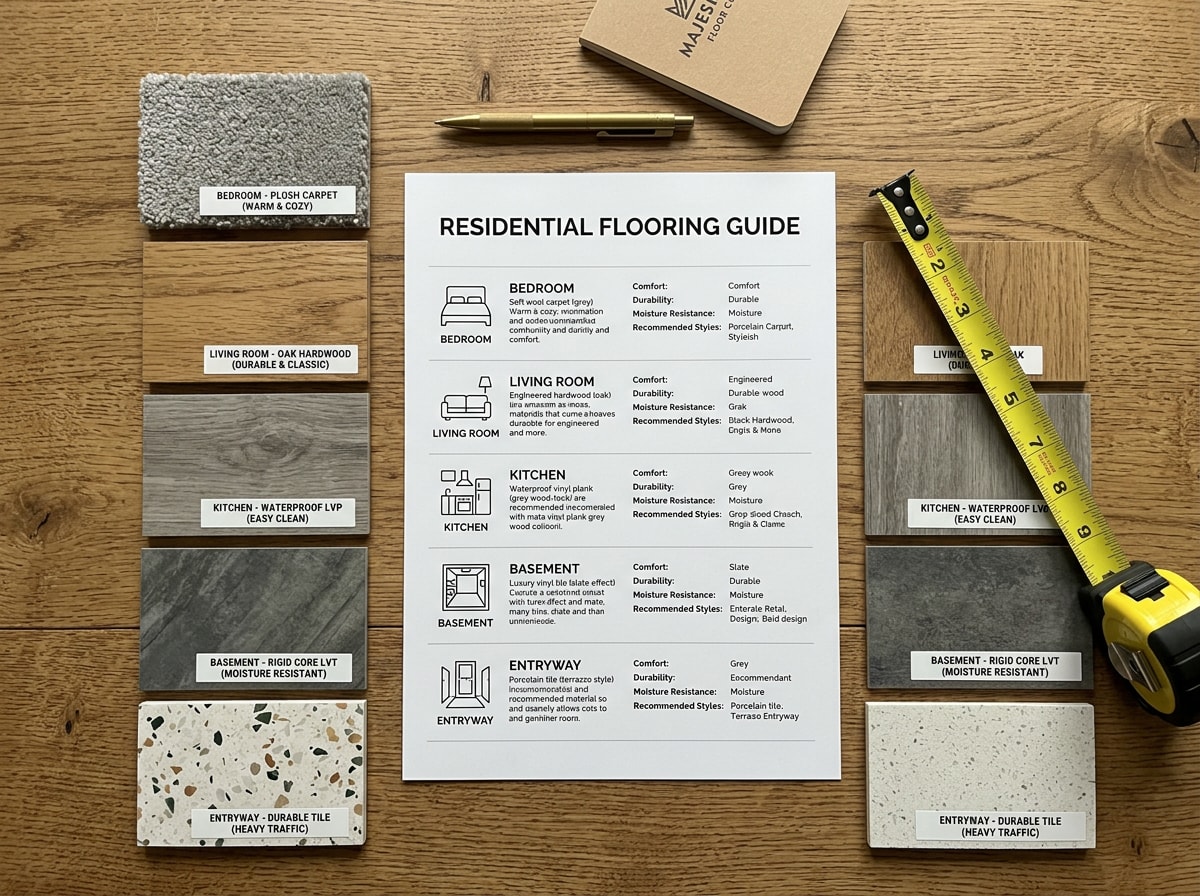 Room-by-room vinyl flooring thickness and wear layer reference table for a typical home