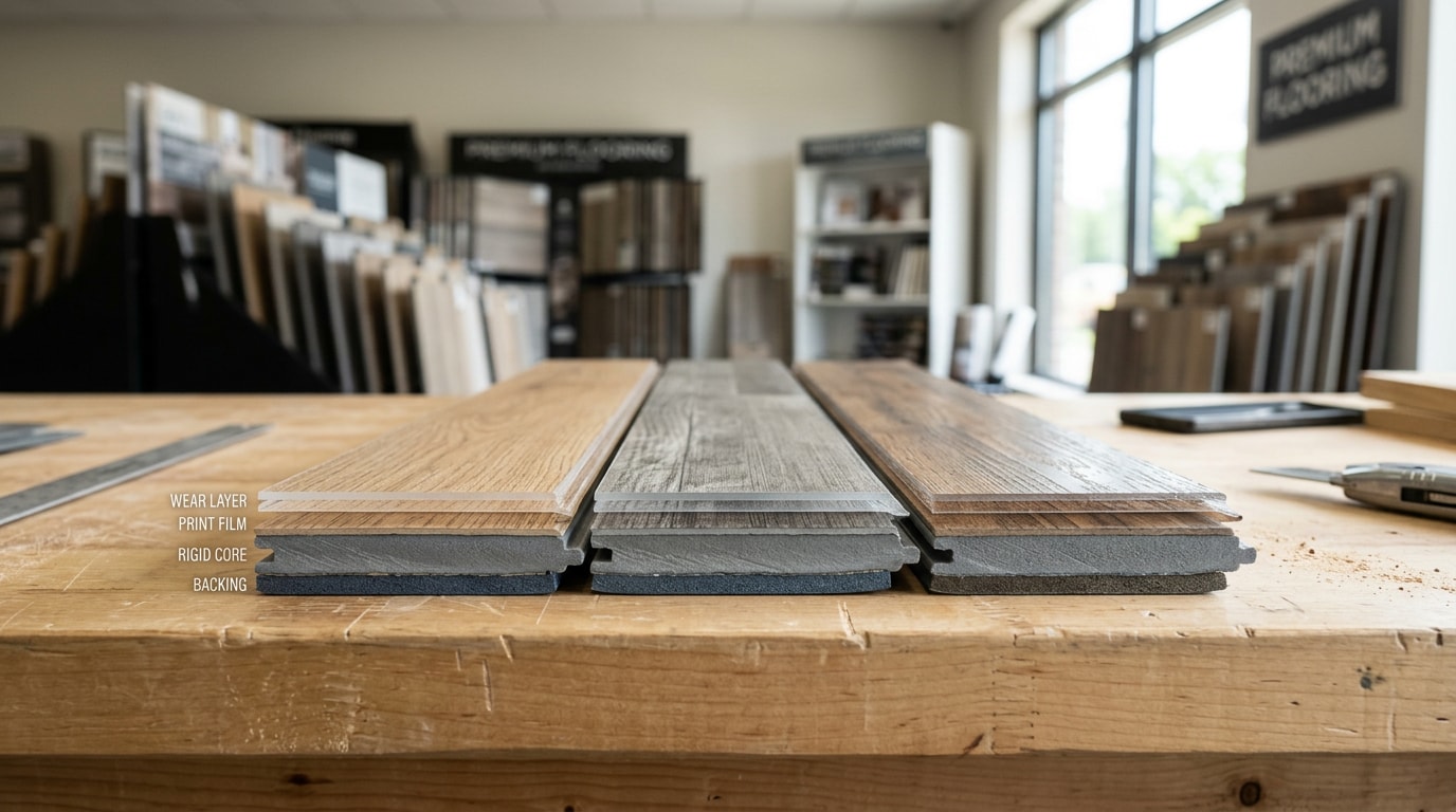 Cross-section of luxury vinyl plank flooring showing wear layer, core, and backing Cross-section of luxury vinyl plank flooring showing wear layer, core, and backing