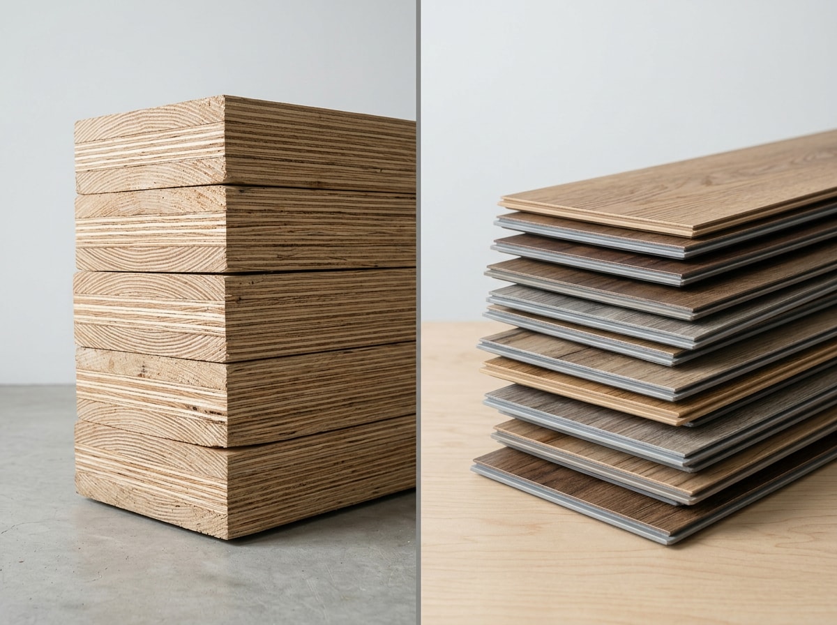 Side-by-side comparison of a structural LVL beam and a luxury vinyl plank flooring sample