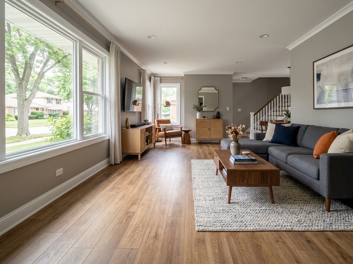 Recently installed luxury vinyl plank flooring in a Hoffman Estates living room