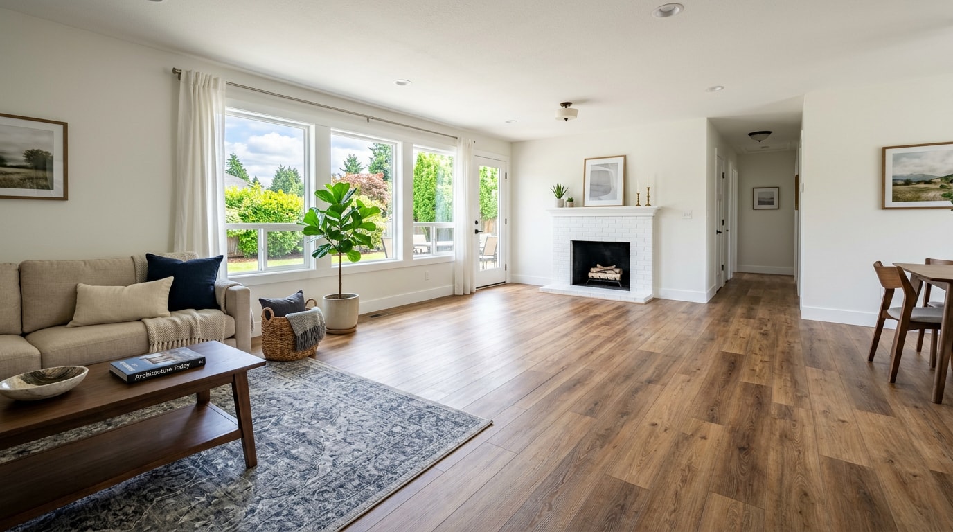 Newly installed luxury vinyl plank flooring in a bright living room Newly installed luxury vinyl plank flooring in a bright living room