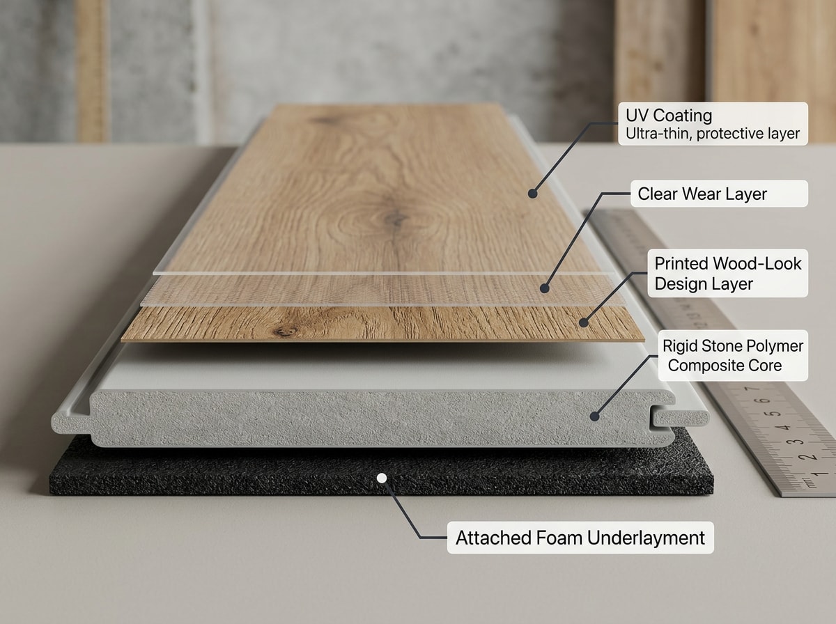 Cross-section diagram of SPC vinyl flooring showing wear layer, design layer, rigid core, and underlayment