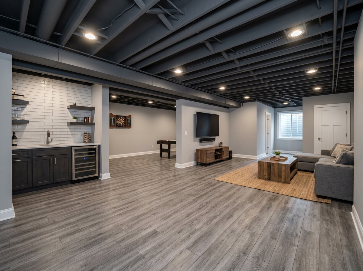 Finished basement with gray wood-look SPC vinyl plank flooring installed over a concrete subfloor
