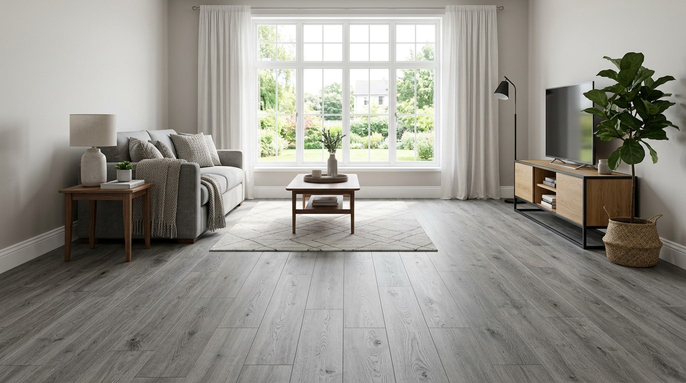 Finished living room with wood-look SPC vinyl plank flooring Finished living room with wood-look SPC vinyl plank flooring