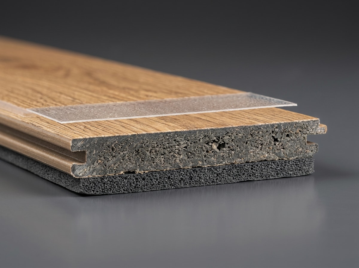 Labeled cross-section diagram of WPC flooring layers including wear layer, core, and underlayment