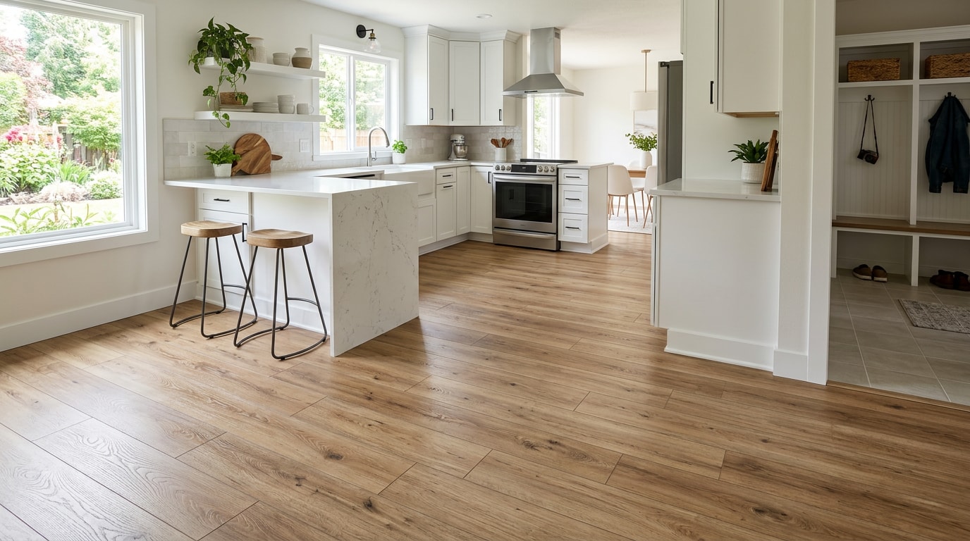 Finished WPC vinyl plank flooring installed in a modern kitchen Finished WPC vinyl plank flooring installed in a modern kitchen
