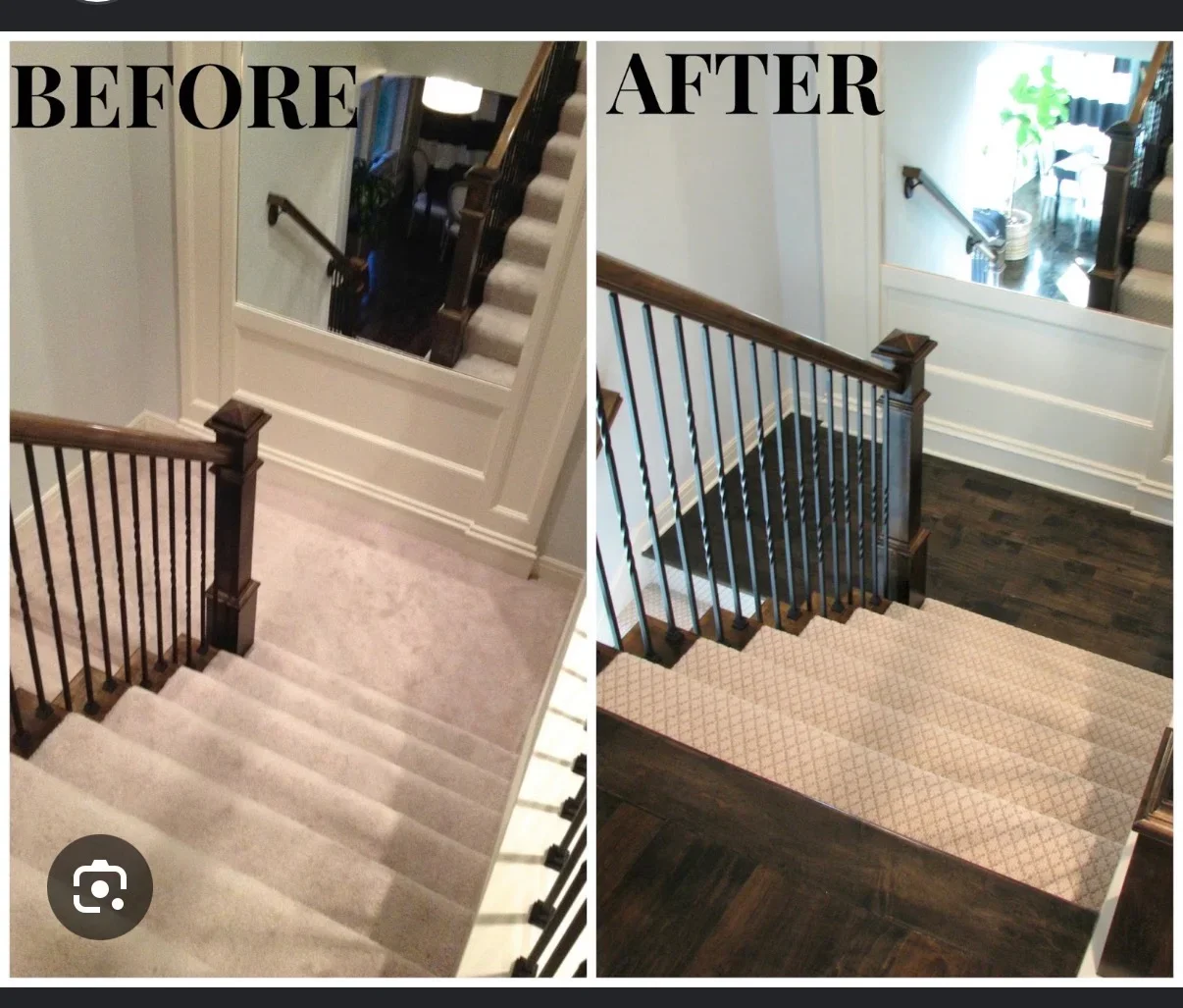Hardwood stair treads with beige carpet runner and dark wood railing with metal balusters