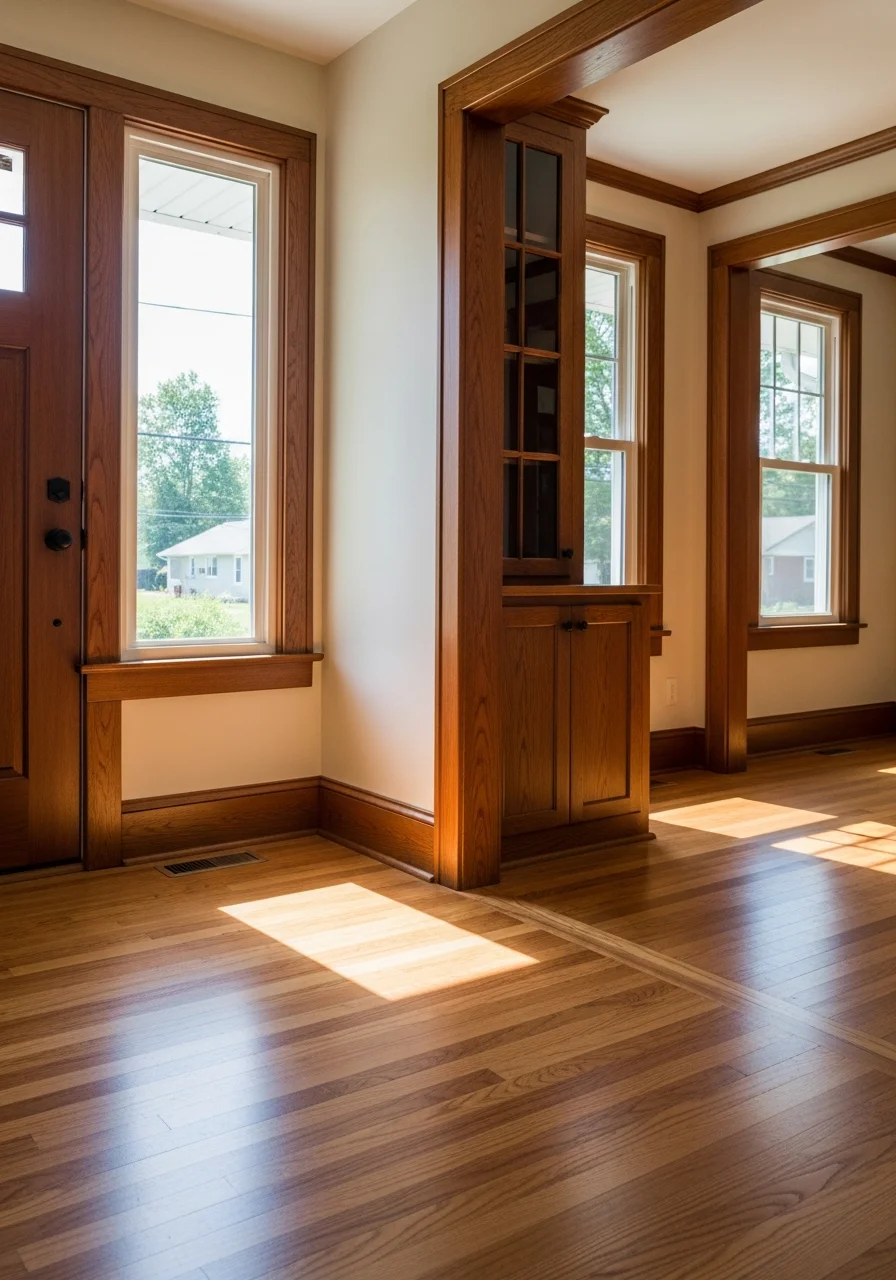 Modern kitchen with hardwood flooring and custom cabinetry in Batavia home