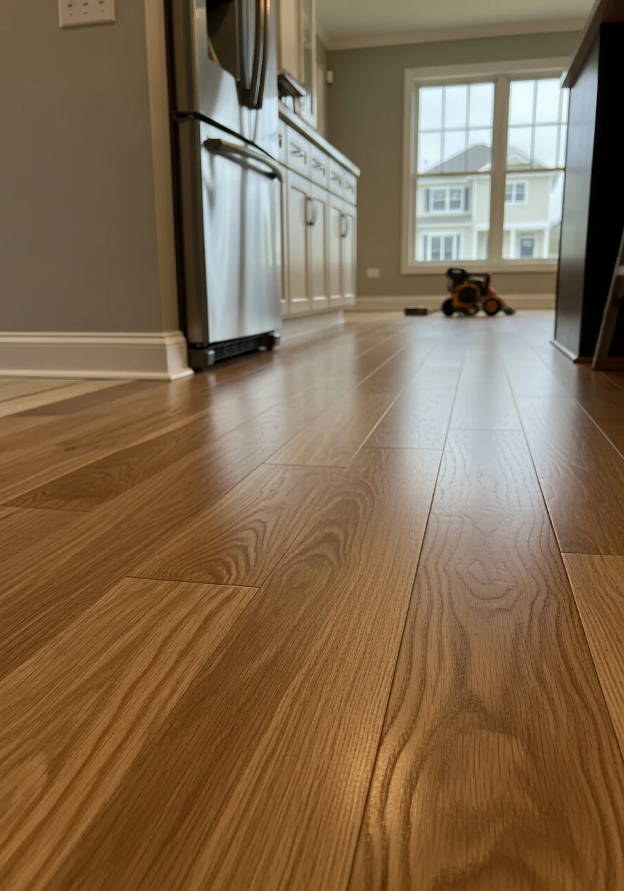 Modern kitchen with newly installed hardwood flooring and custom cabinetry in Hanover Park home