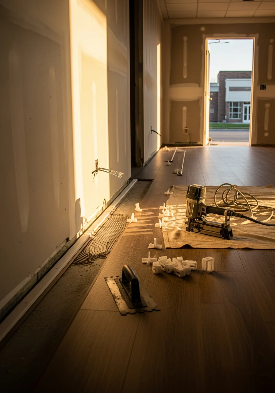 Professional flooring installation in progress at commercial property in northwest Chicago suburbs