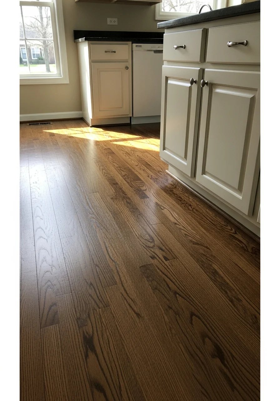 Modern kitchen with hardwood flooring and custom cabinetry in Wheaton home