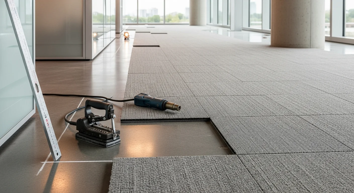 Freshly installed commercial carpet tiles in a Naperville office suite, showing consistent pile direction and clean seams along a hallway leading to a reception area. The floor is flat and even with no visible ripples or gaps at the edges.