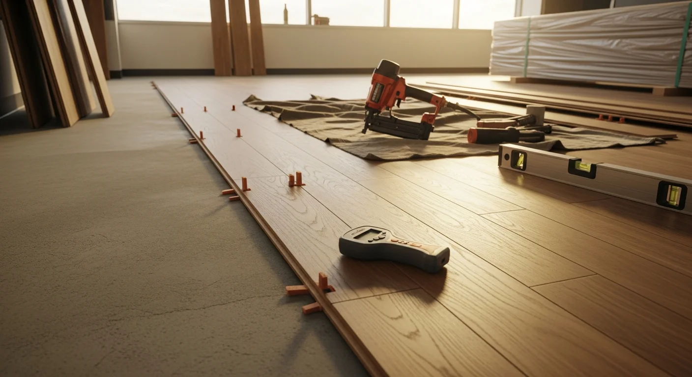 Freshly installed commercial hardwood flooring in a Naperville office space, showing wide-plank boards with a smooth finish running across an open-plan work area. The floor reflects overhead lighting and meets a glass-front entrance typical of Naperville professional office buildings.