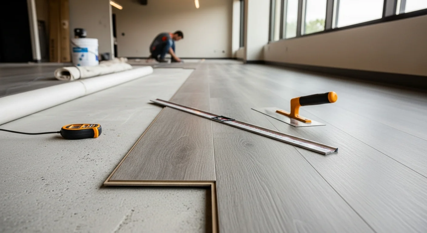 Freshly installed commercial vinyl plank flooring in a Naperville office suite, showing a clean, uniform surface across an open-plan work area. The floor reflects overhead lighting and shows tight seam lines between planks near a glass-front entry.