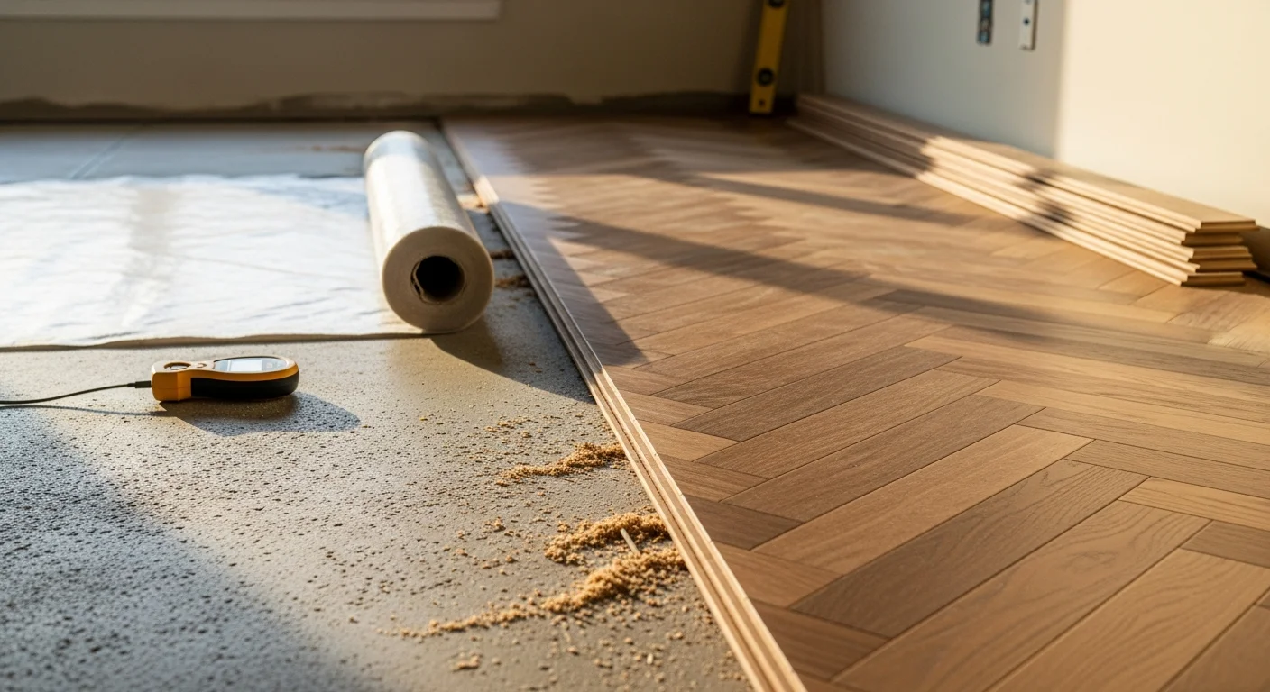 Newly installed engineered hardwood flooring in a Naperville home living room, showing straight plank rows with clean trim transitions at the doorway. The floor surface is smooth and even, with natural wood grain visible across the full width of the room.