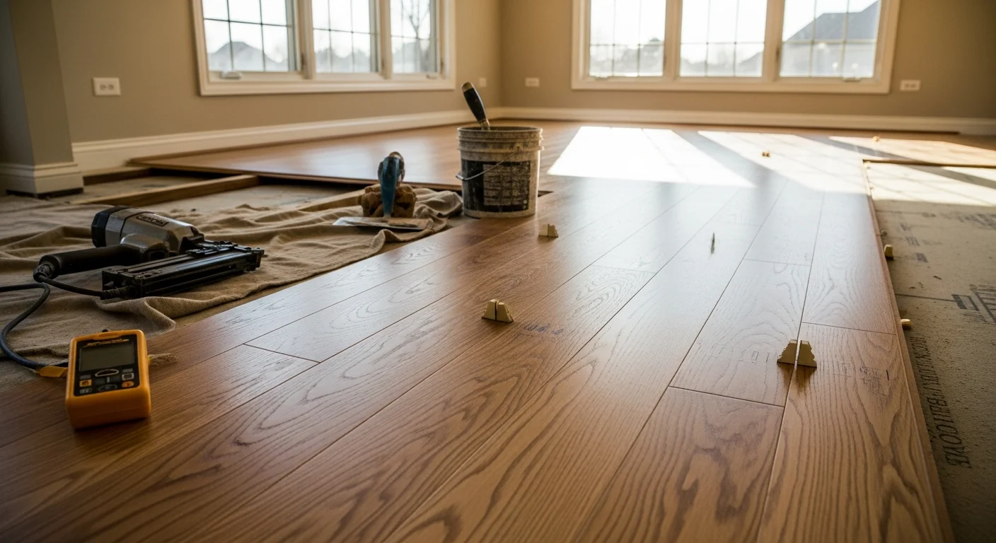 Freshly installed hardwood floors in a Naperville home living room, showing tight board joints and a smooth, even finish. Natural light from a large window highlights the wood grain across a wide open floor plan.