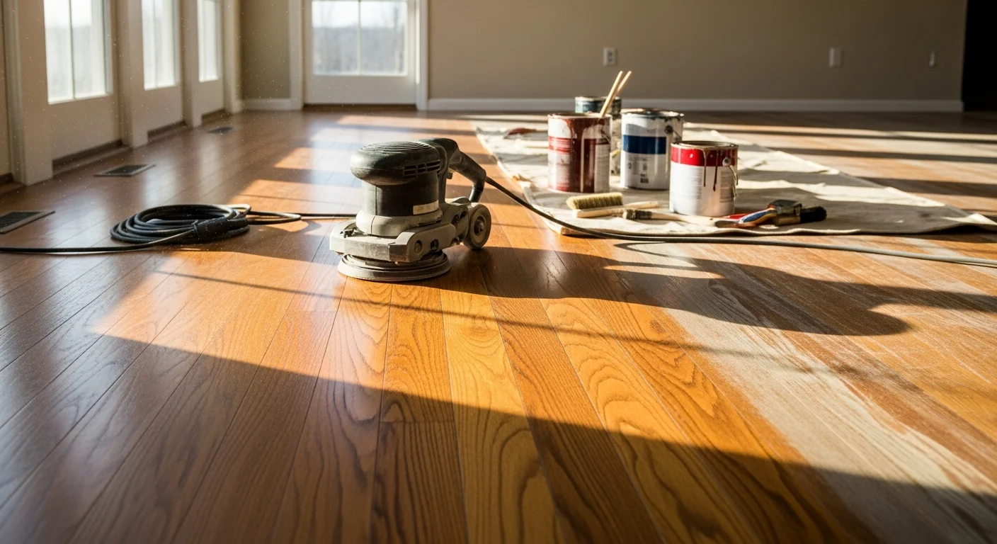 Freshly sanded and refinished hardwood floor in a Naperville single-family home, showing smooth wood grain and an even protective finish coat. The room reflects natural light across the restored surface with no visible scratches or worn traffic lanes.