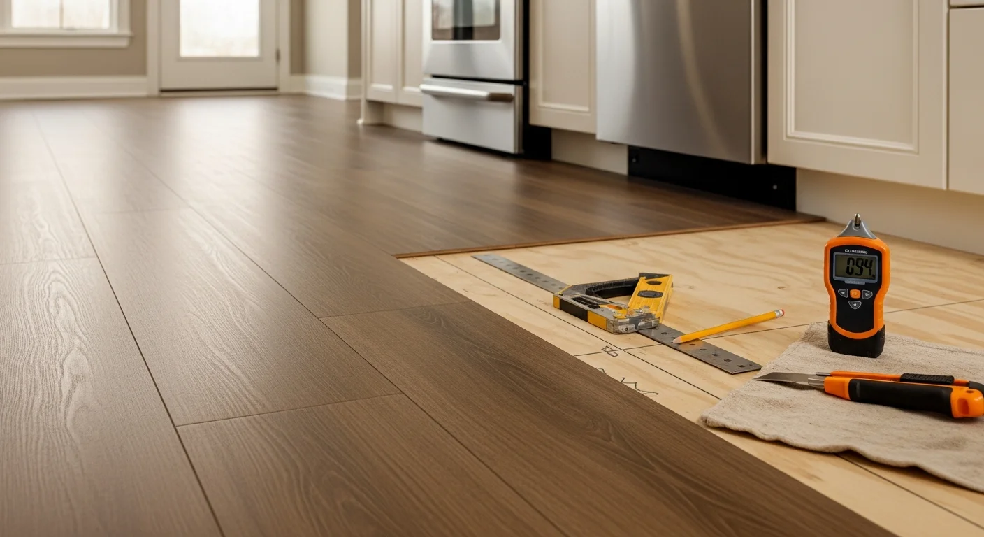 Freshly installed luxury vinyl plank flooring in a Naperville single-family home, showing tight plank seams and a clean wood-grain finish across an open living area. Natural light from a large window highlights the floor's texture and even color tone.